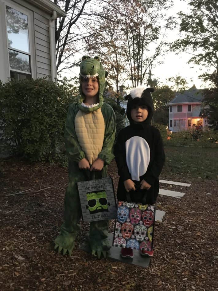 two young boys wearing Halloween costumes and holding trick-or-treat bags