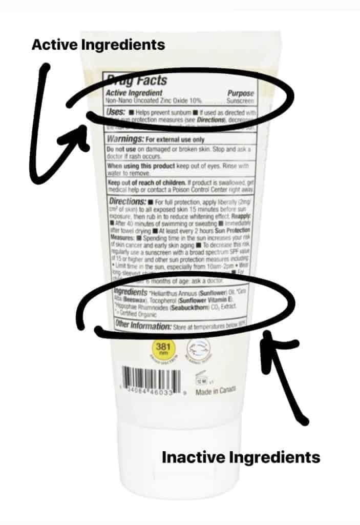 Here is the ingredient label on the back of a tube of sunscreen. Active and inactive ingredients are highlighted.