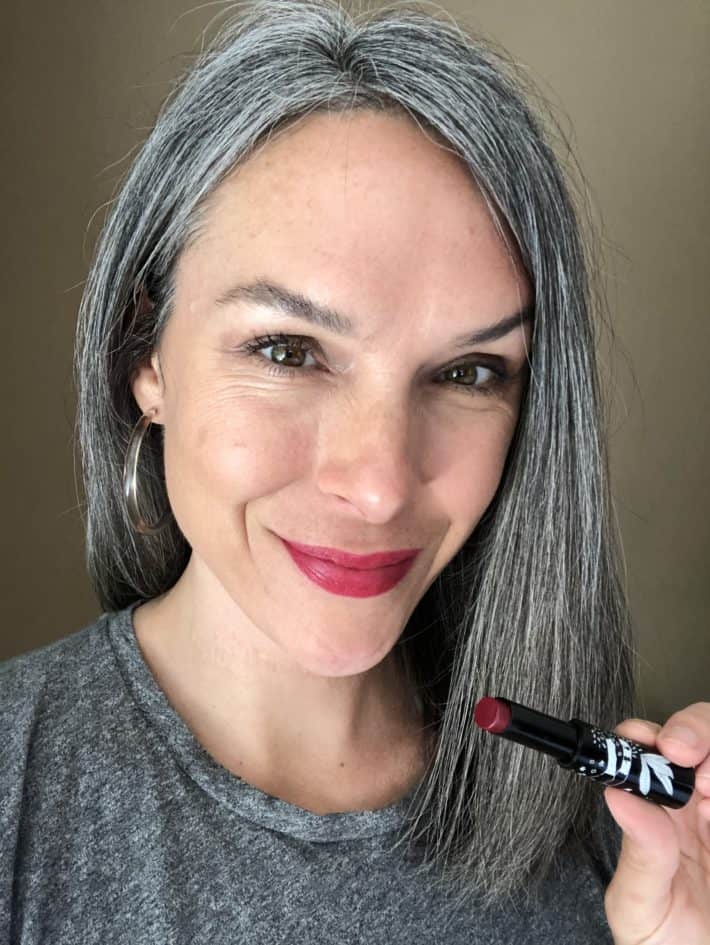 selfie of me wearing a dark pinky magenta red-ish lipstick