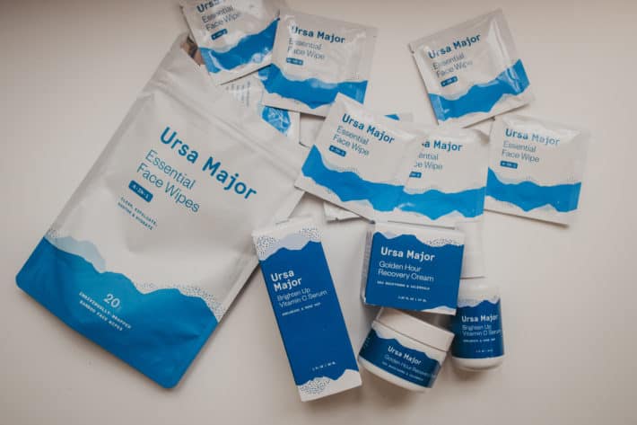 Packets of Ursa Major face wipes with facial cream and facial serum