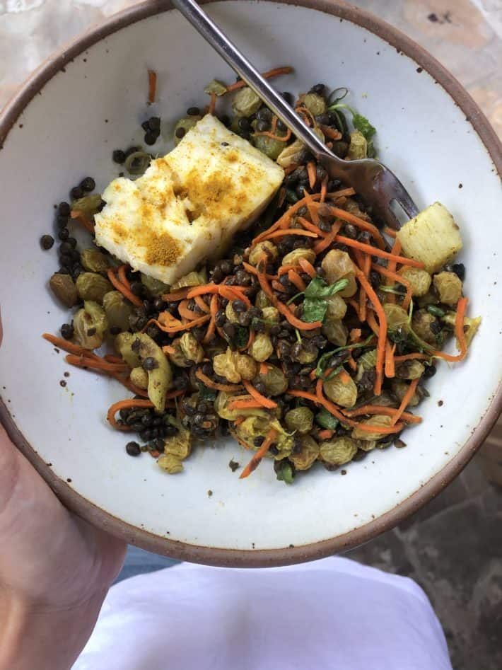 bowl of Loma Linda Cod Biryani with Raisins