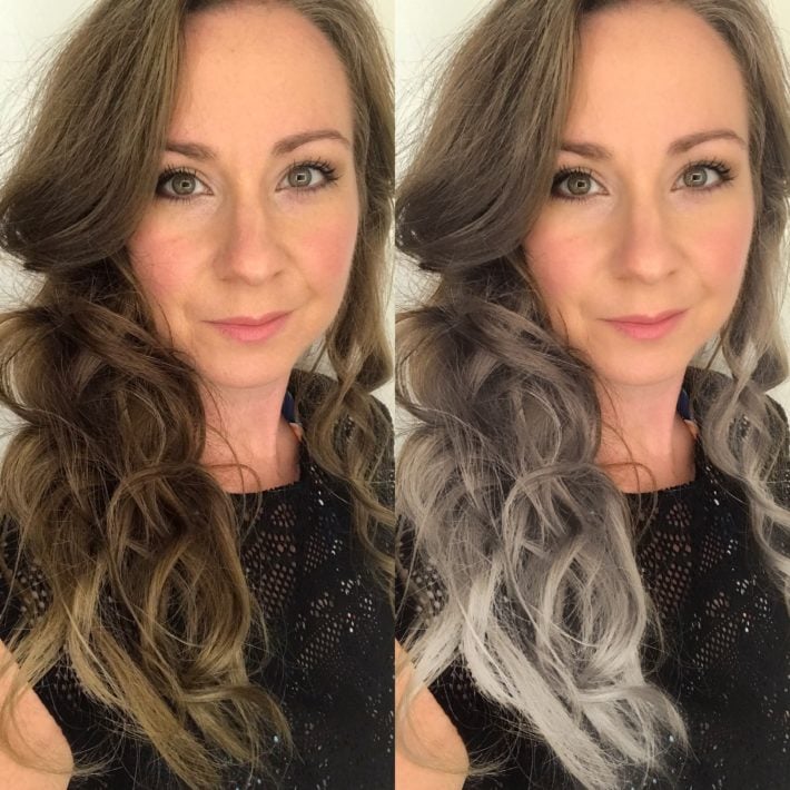 Woman wearing highlights and gray hair before and after side by side