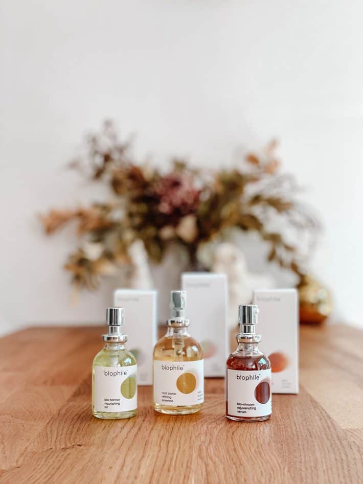skincare oils from biophile in glass bottles on a table