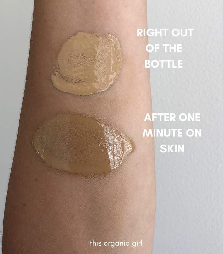 Swatches of ilia beauty's skin tint next to each other - one right out of the bottle, one 1 minute later.