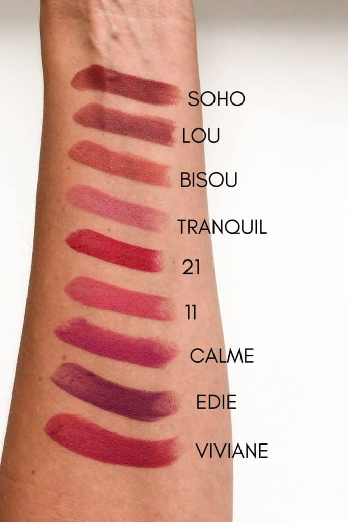 9 lipstick colors swatched on arm