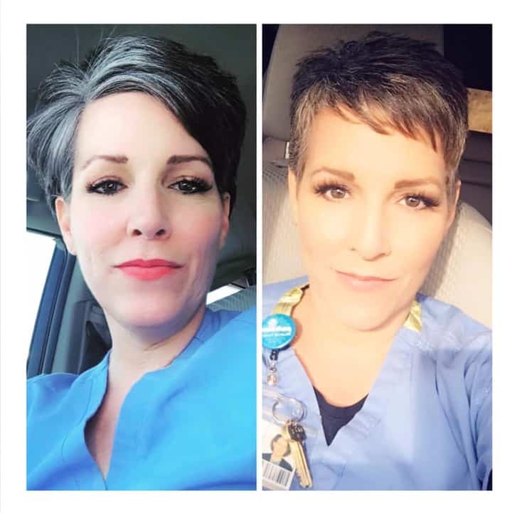 side by side photos of a woman before and after a haircut