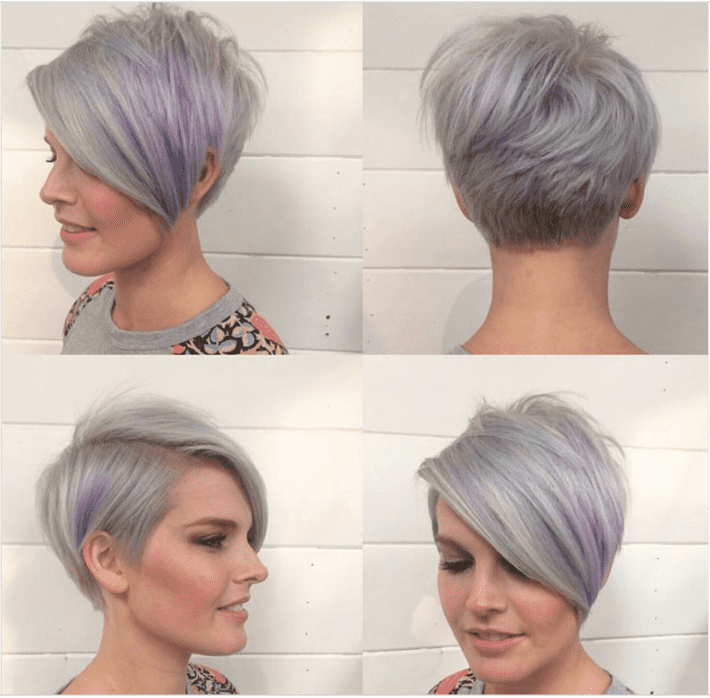 four photo collae of woman with gray pixie and purple highlights