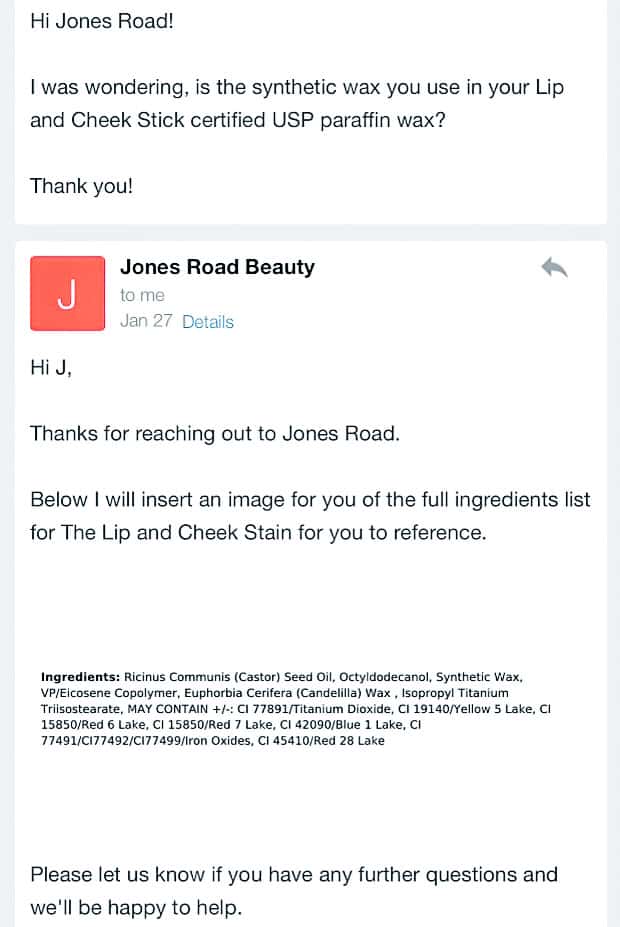 screenshot of jones road ingredient list inquiry