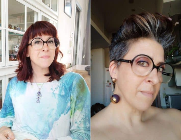 side by side before and after photos of a woman who grew out her natural gray hair
