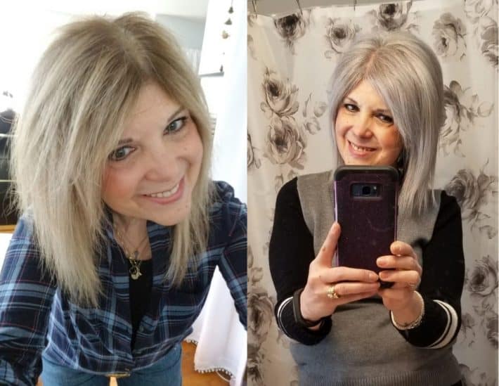side by side before and after photos of a woman from blonde to silver