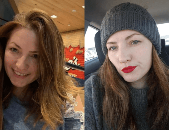 side by side before and after photos of a woman with long hair growing out her gray