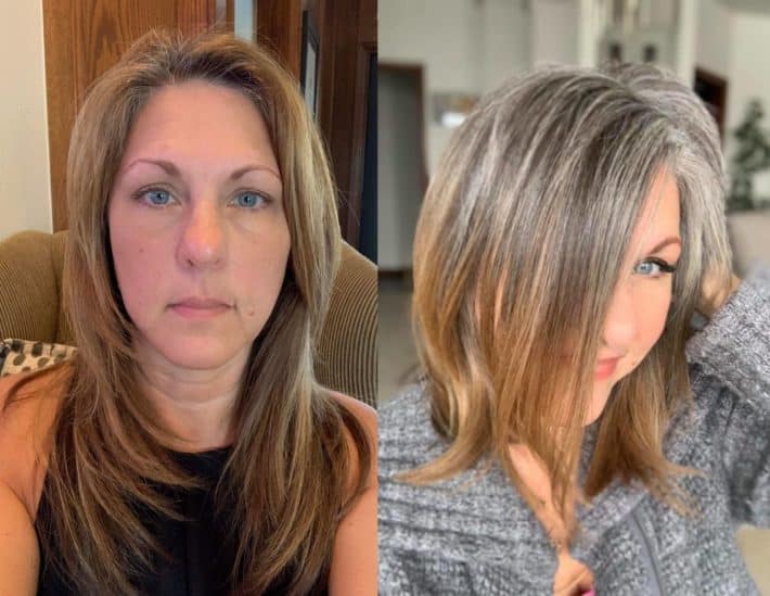 side by side photos of a woman before going gray and in process