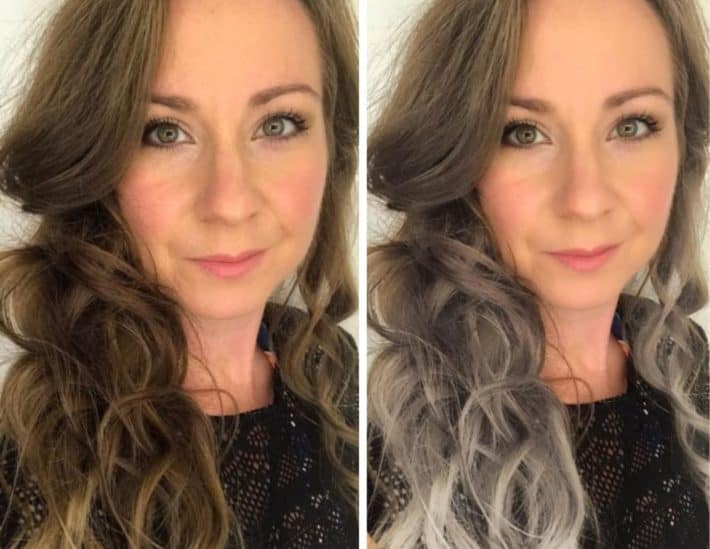 side by side before and after of a woman with long wavy gray hair