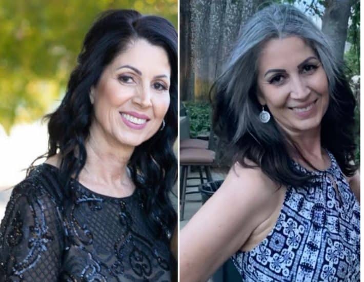 before and after photos of a woman growing out her long dark gray hair