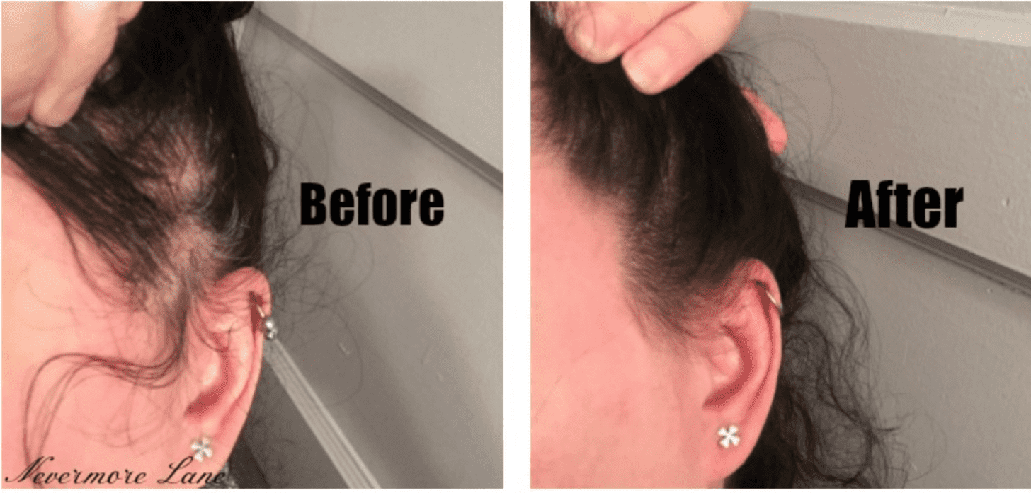 before and after photos of a root spray on a woman's hair