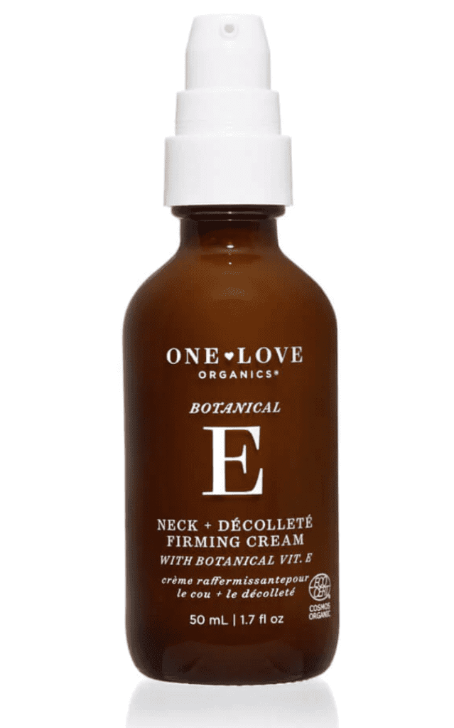 a bottle of one love organics botanical e neck and decollete firming cream