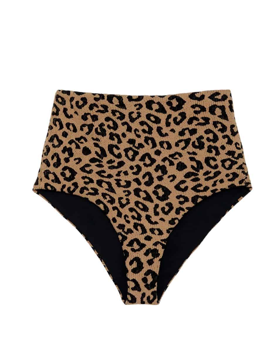 a pair of high rise swim bottoms in leopard