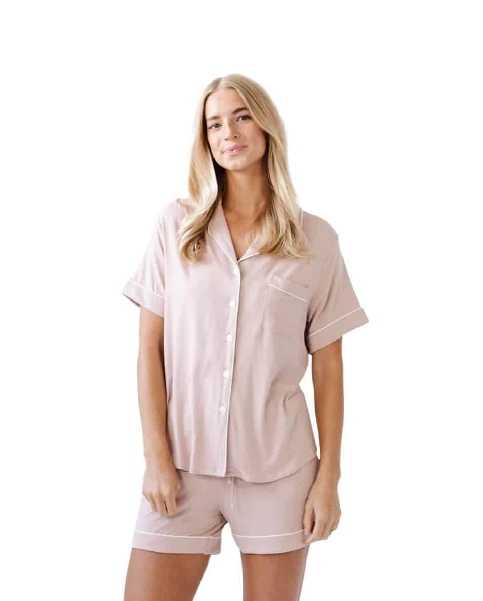 a blush colored pj set with short sleeves and short
