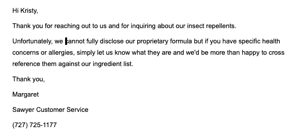 a screenshot of an email from Sawyer customer service to a TOG staff person inquiring about their insect repellent ingredients